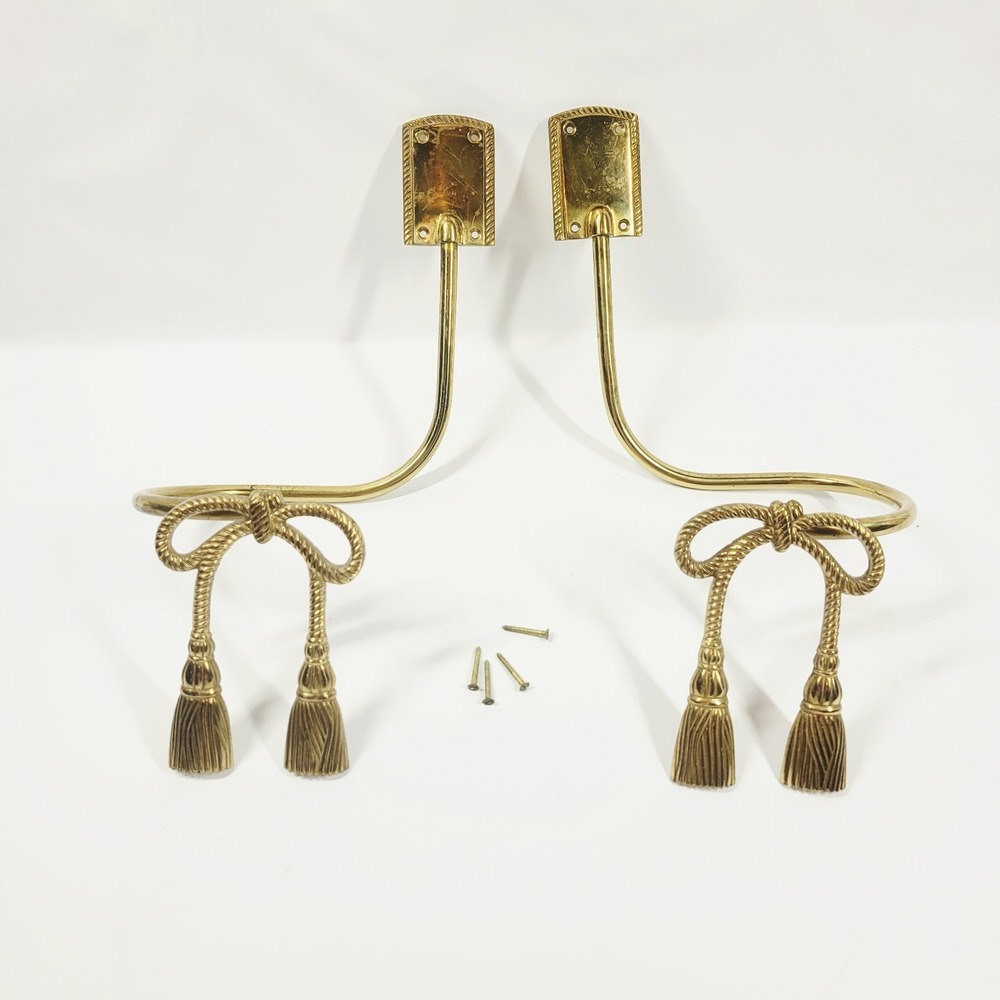Vintage French Louis XV Style Hollywood Regency Brass Curtain Tie Backs Bows